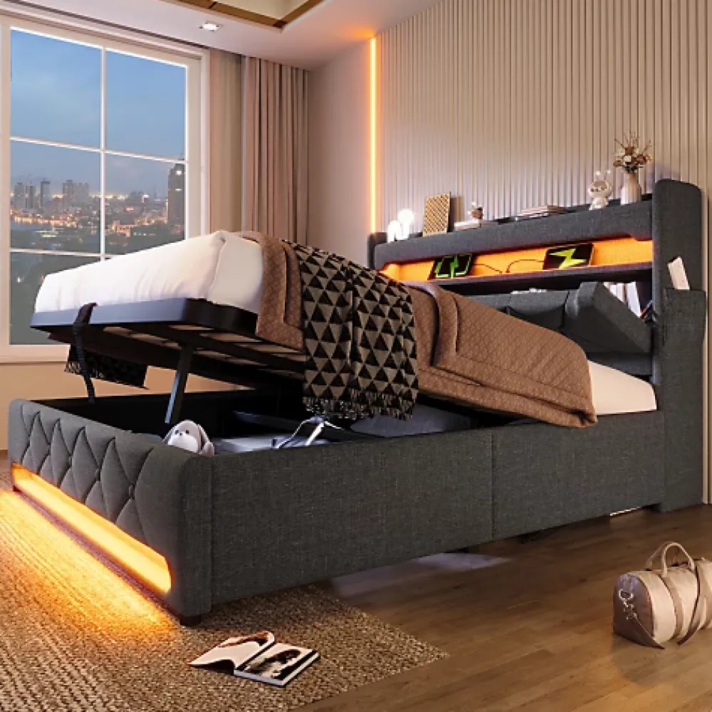 ModernLuxe Lit coffre capitonné 160x200cm avec LED et Ports de charge USB - tissu en Lin - tête de lit avec espace de rangement - Gris* Lit Coffre