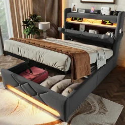 Lit coffre capitonné 90x200cm avec LED et ports de charge USB - tissu en Lin - tête de lit avec espace de rangement - Gris>ModernLuxe New