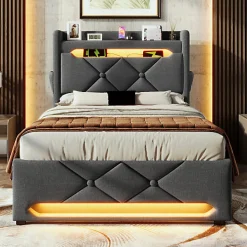 Lit coffre capitonné 90x200cm avec LED et ports de charge USB - tissu en Lin - tête de lit avec espace de rangement - Gris><noscript><img width=