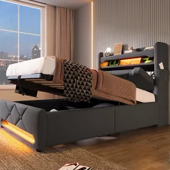 Lit coffre capitonné 90x200cm avec LED et ports de charge USB - tissu en Lin - tête de lit avec espace de rangement - Gris><noscript><img width=