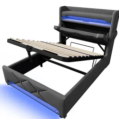 Lit coffre capitonné 90x200cm avec LED et ports de charge USB - tissu en Lin - tête de lit avec espace de rangement - Gris><noscript><img width=