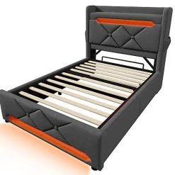 Lit coffre capitonné 90x200cm avec LED et ports de charge USB - tissu en Lin - tête de lit avec espace de rangement - Gris><noscript><img width=