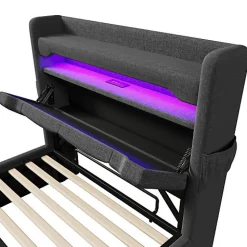 Lit coffre capitonné 90x200cm avec LED et ports de charge USB - tissu en Lin - tête de lit avec espace de rangement - Gris><noscript><img width=