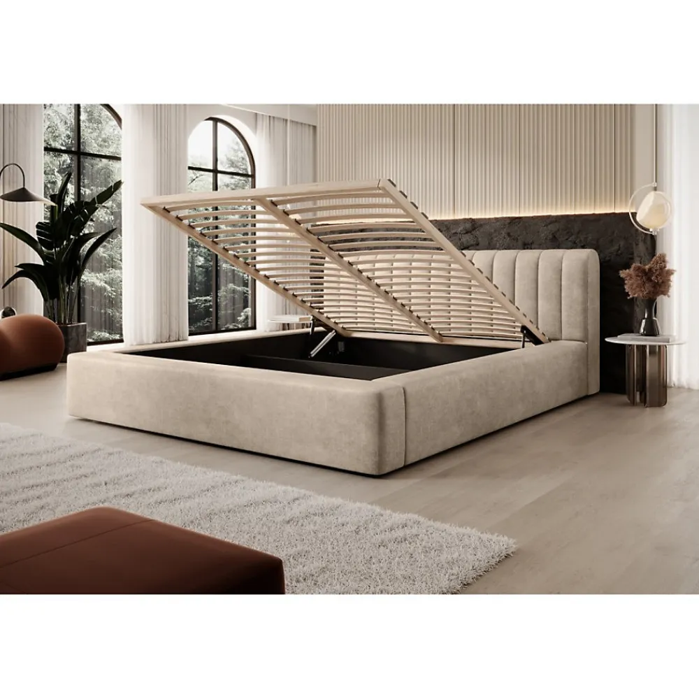 Lit coffre CERVIN Velours doux Nude Sablé 180x200 cm Sommier relevable Design élégant>Meublorama New
