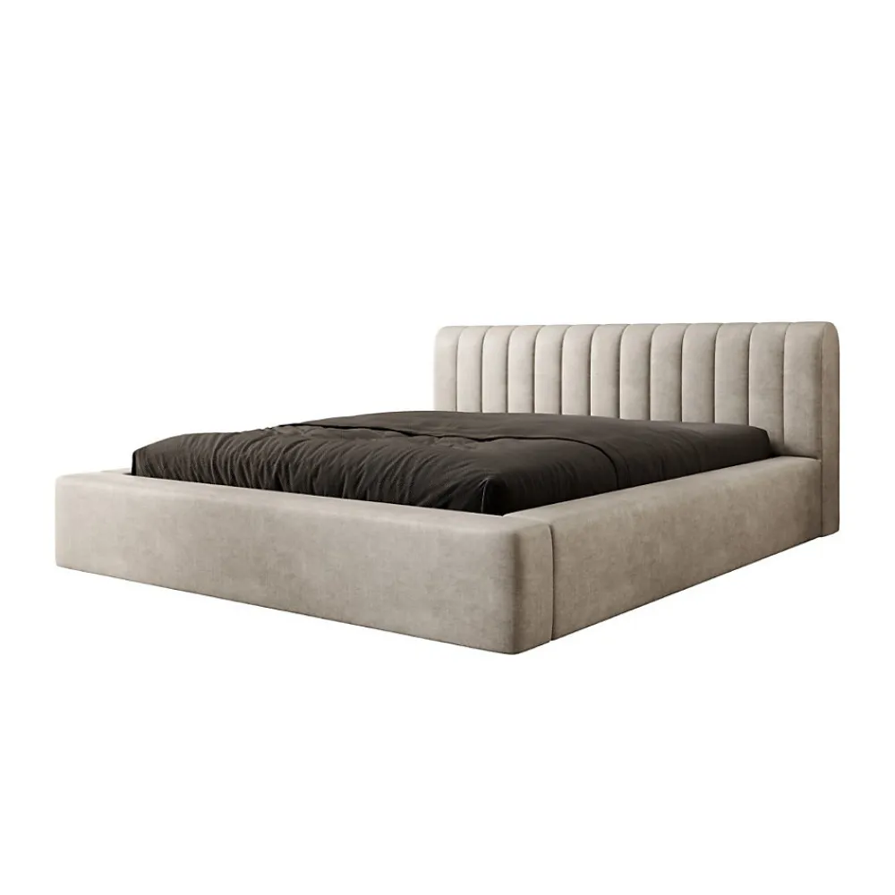 Lit coffre CERVIN Velours doux Lin naturel 180x200 cm Sommier relevable Design élégant>Meublorama Discount