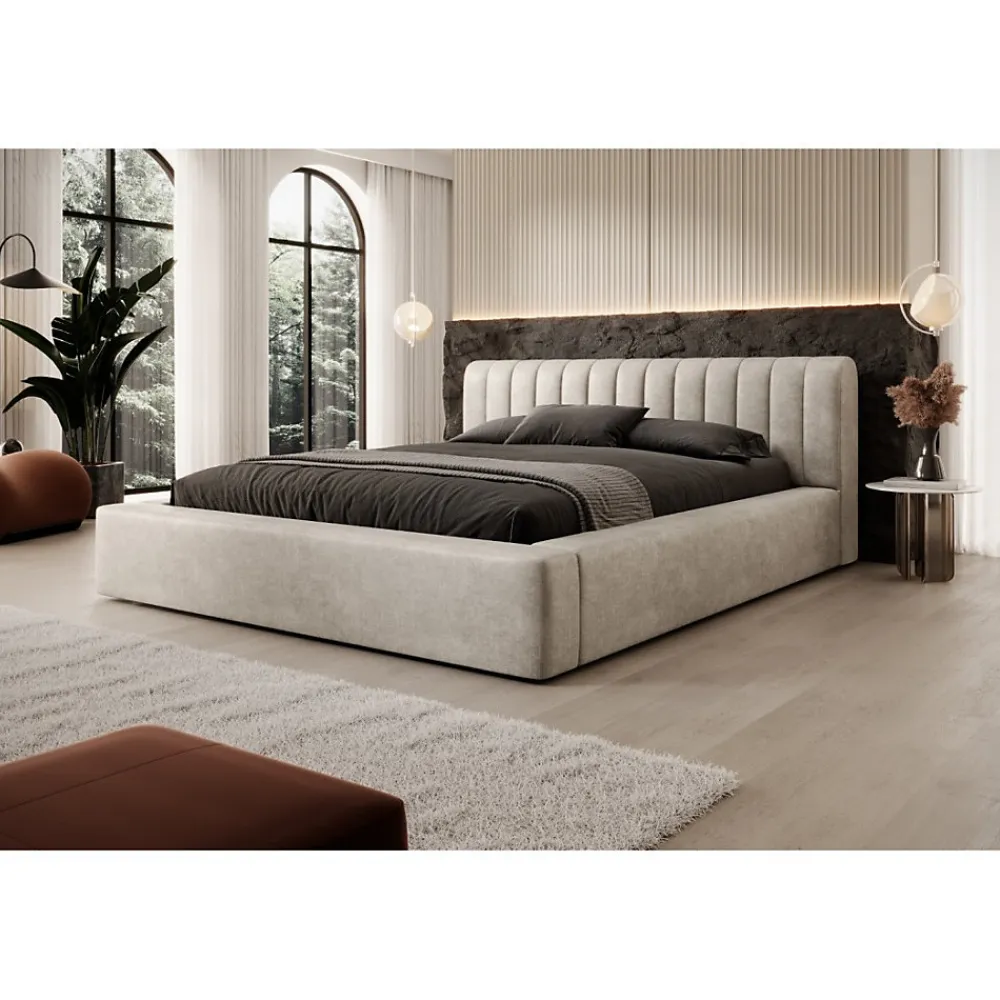 Lit coffre CERVIN Velours doux Lin naturel 180x200 cm Sommier relevable Design élégant>Meublorama Discount