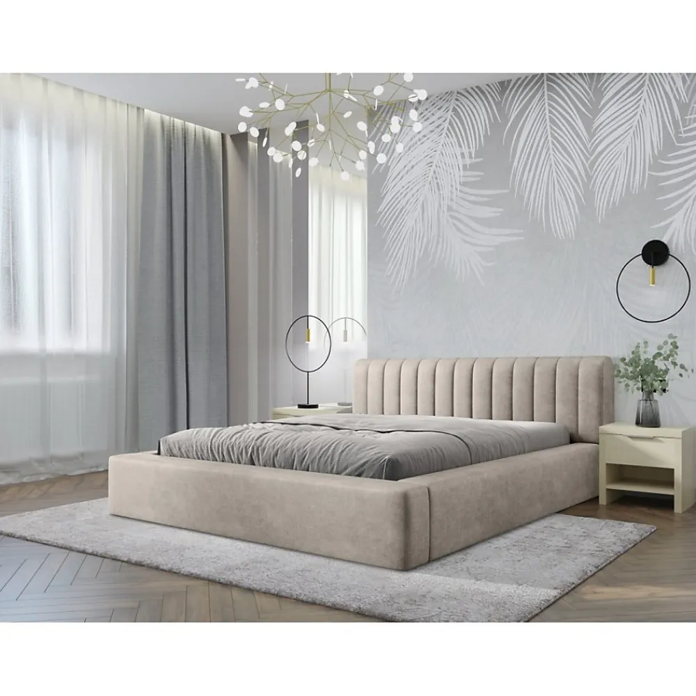 Lit coffre CERVIN Velours doux Lin naturel 180x200 cm Sommier relevable Design élégant>Meublorama Discount