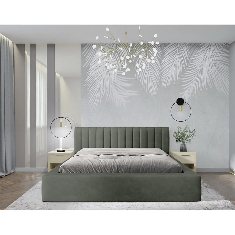 Lit coffre CERVIN Velours doux Sauge Nocturne 140x200 cm Sommier relevable Design élégant>Meublorama New