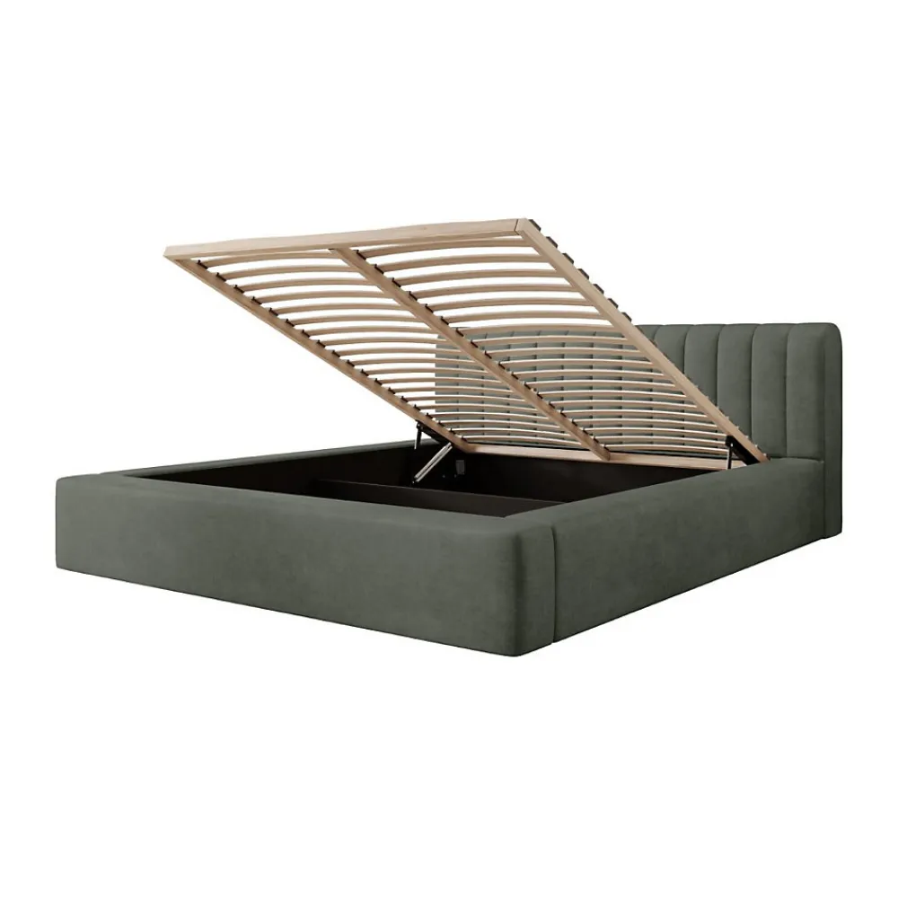 Lit coffre CERVIN Velours doux Sauge Nocturne 140x200 cm Sommier relevable Design élégant>Meublorama New