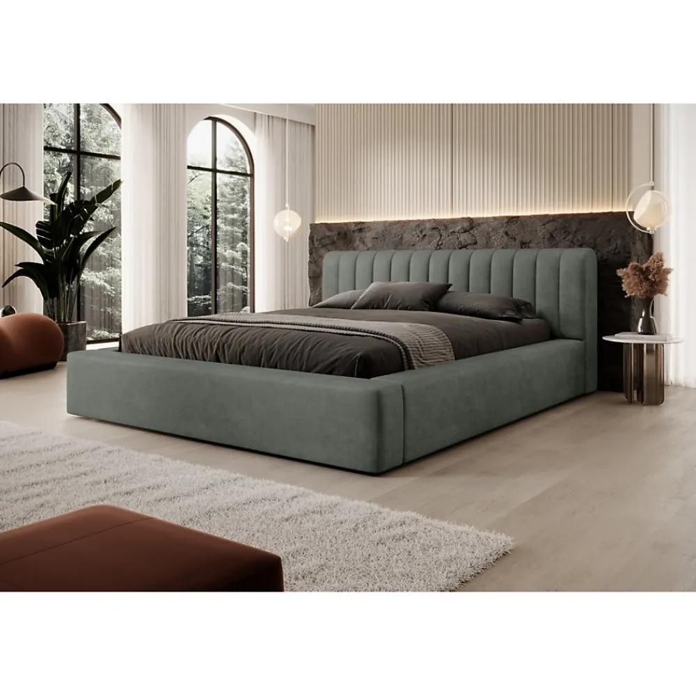 Lit coffre CERVIN Velours doux Sauge Nocturne 140x200 cm Sommier relevable Design élégant>Meublorama New