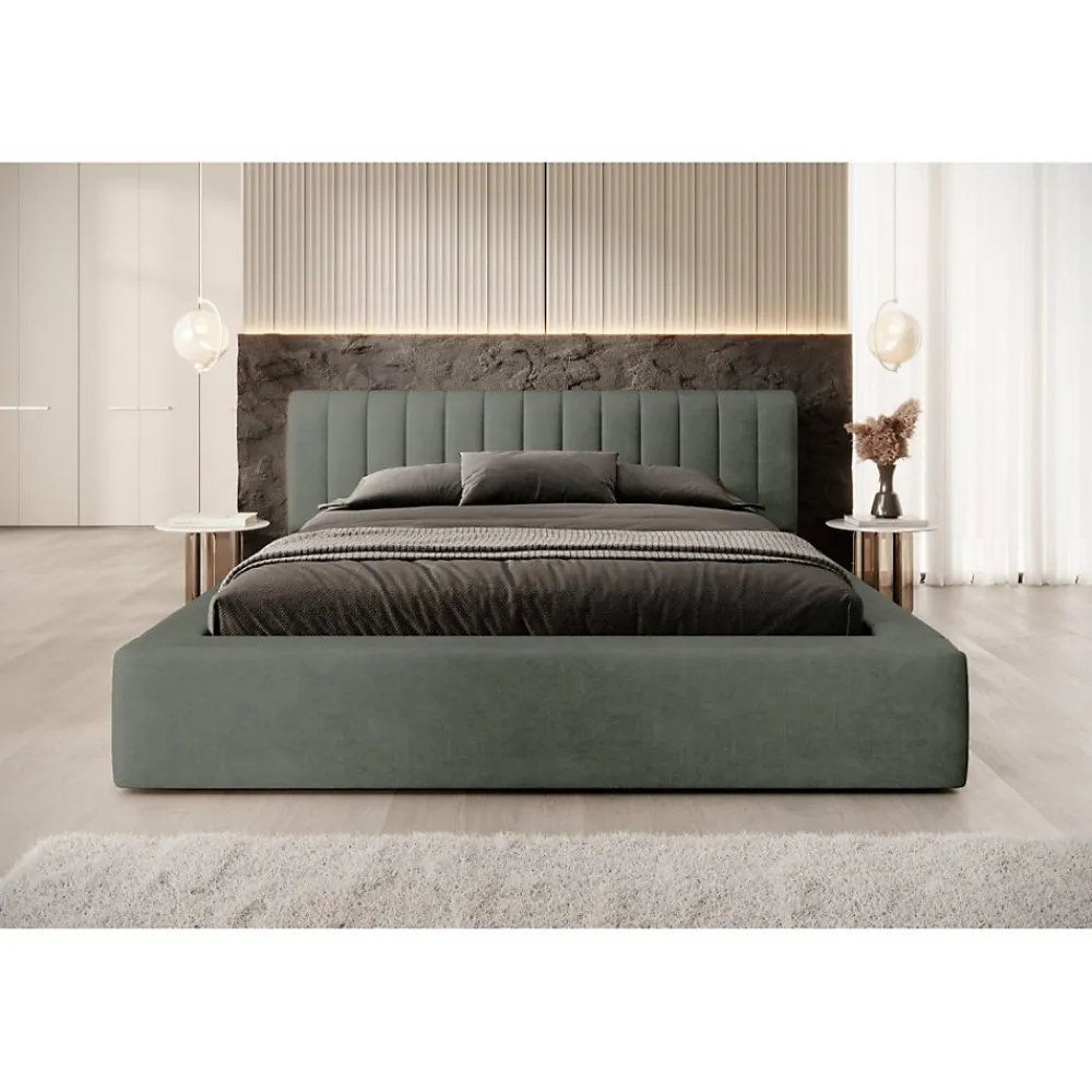 Lit coffre CERVIN Velours doux Sauge Nocturne 140x200 cm Sommier relevable Design élégant>Meublorama New