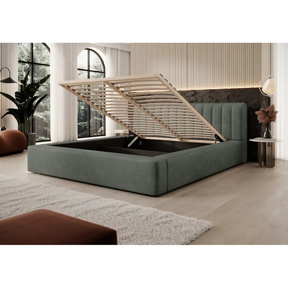 Lit coffre CERVIN Velours doux Sauge Nocturne 140x200 cm Sommier relevable Design élégant>Meublorama New
