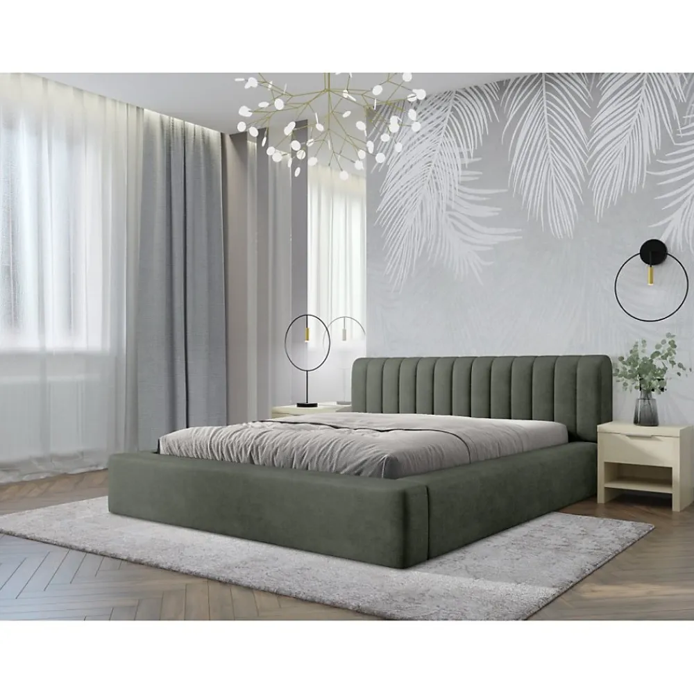 Lit coffre CERVIN Velours doux Sauge Nocturne 140x200 cm Sommier relevable Design élégant>Meublorama New