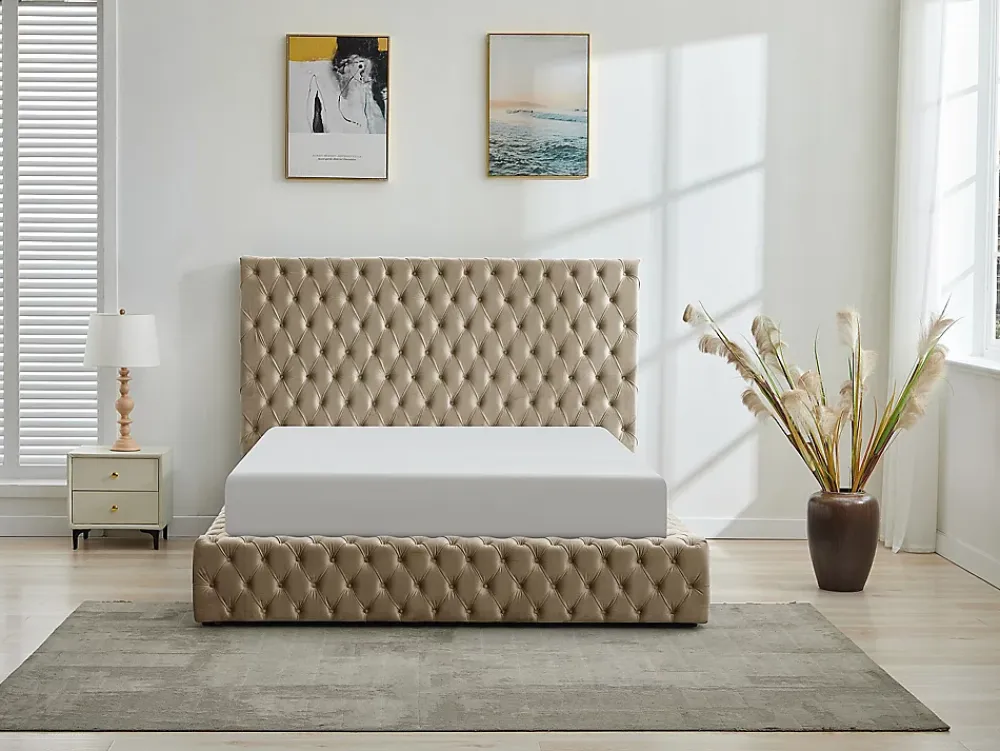 Vente-unique Lit coffre chesterfield 160 x 200 cm - Velours - Taupe + Matelas - DULENI* Ensemble Sommier Et Matelas