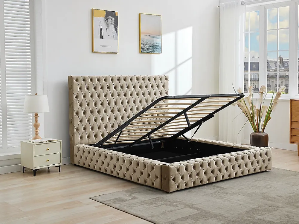 Vente-unique Lit coffre chesterfield 160 x 200 cm - Velours - Taupe + Matelas - DULENI* Ensemble Sommier Et Matelas
