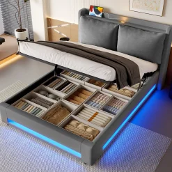 Okwish Lit Coffre Double Adulte160x200 cm - Lit Capitonné Lin avec Rangement, LED, USB-C - Moderne avec Coussins Amovibles, Gris Foncé* Lit Coffre