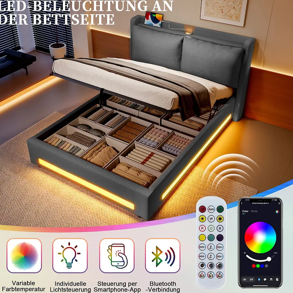 Okwish Lit Coffre Double Adulte160x200 cm - Lit Capitonné Lin avec Rangement, LED, USB-C - Moderne avec Coussins Amovibles, Gris Foncé* Lit Coffre