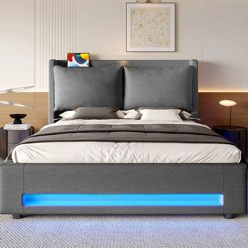 Okwish Lit Coffre Double Adulte160x200 cm - Lit Capitonné Lin avec Rangement, LED, USB-C - Moderne avec Coussins Amovibles, Gris Foncé* Lit Coffre