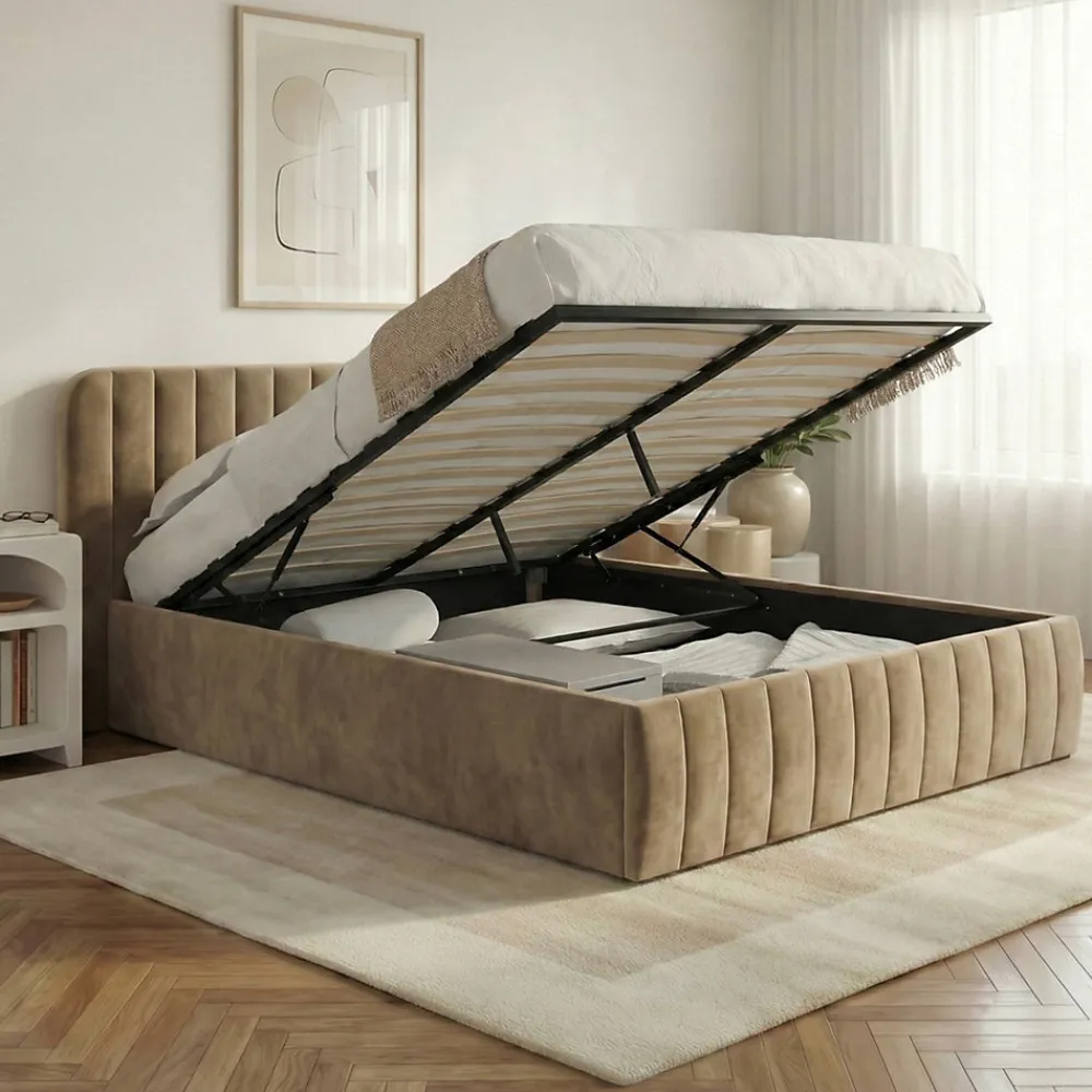 Lit coffre double ALBA avec tête de lit et sommier 140 x 190 cm velours taupe>IDMarket New