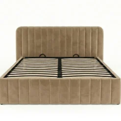 Lit coffre double ALBA avec tête de lit et sommier 140 x 190 cm velours taupe><noscript><img width=