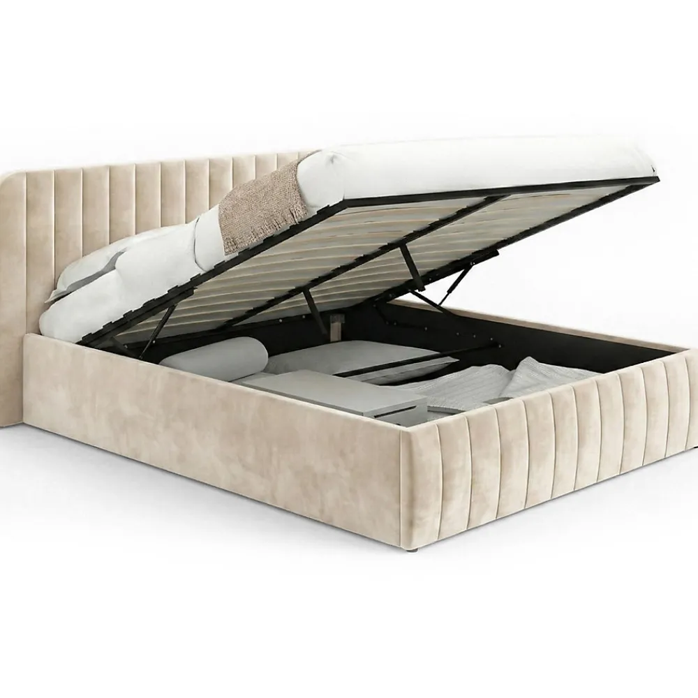 Lit coffre double ALBA avec tête de lit et sommier 140 x 190 cm velours beige>IDMarket Discount