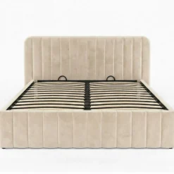 Lit coffre double ALBA avec tête de lit et sommier 140 x 190 cm velours beige><noscript><img width=
