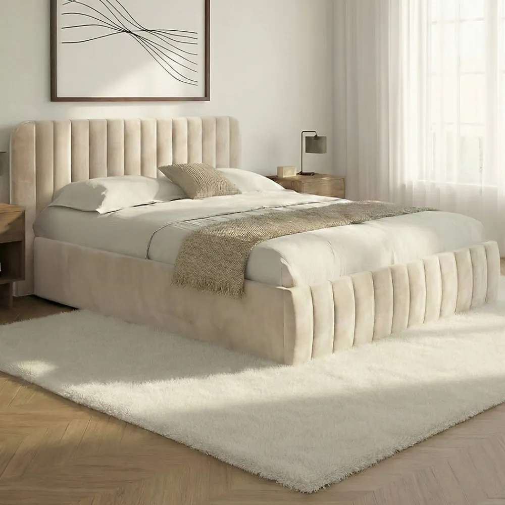 Lit coffre double ALBA avec tête de lit et sommier 140 x 190 cm velours beige>IDMarket Discount
