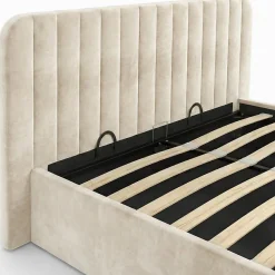 Lit coffre double ALBA avec tête de lit et sommier 140 x 190 cm velours beige><noscript><img width=