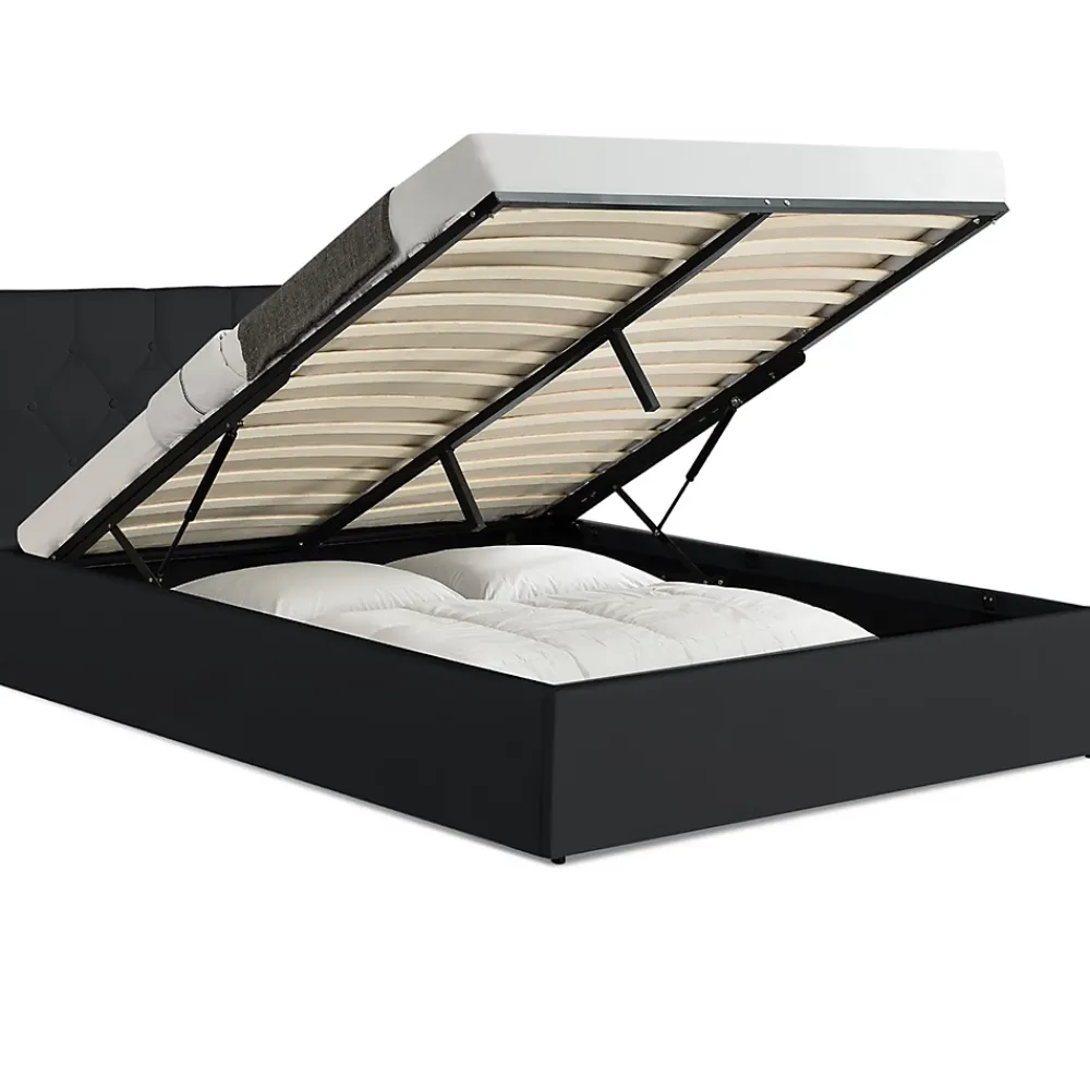 IDMarket Lit coffre double AUSTIN avec tête de lit et sommier 140 x 190 cm PVC noir* Lit Coffre