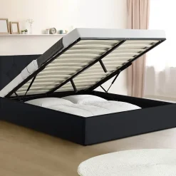 IDMarket Lit coffre double AUSTIN avec tête de lit et sommier 140 x 190 cm PVC noir* Lit Coffre