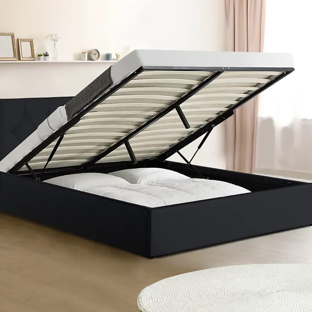 IDMarket Lit coffre double AUSTIN avec tête de lit et sommier 140 x 190 cm PVC noir* Lit Coffre