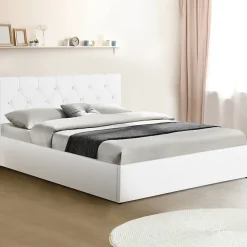 Lit coffre double AUSTIN avec tête de lit et sommier 140 x 190 cm PVC blanc><noscript><img width=