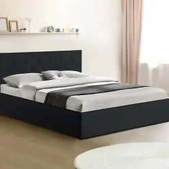 IDMarket Lit coffre double AUSTIN avec tête de lit et sommier 160 x 200 cm PVC noir* Lit Avec Rangement
