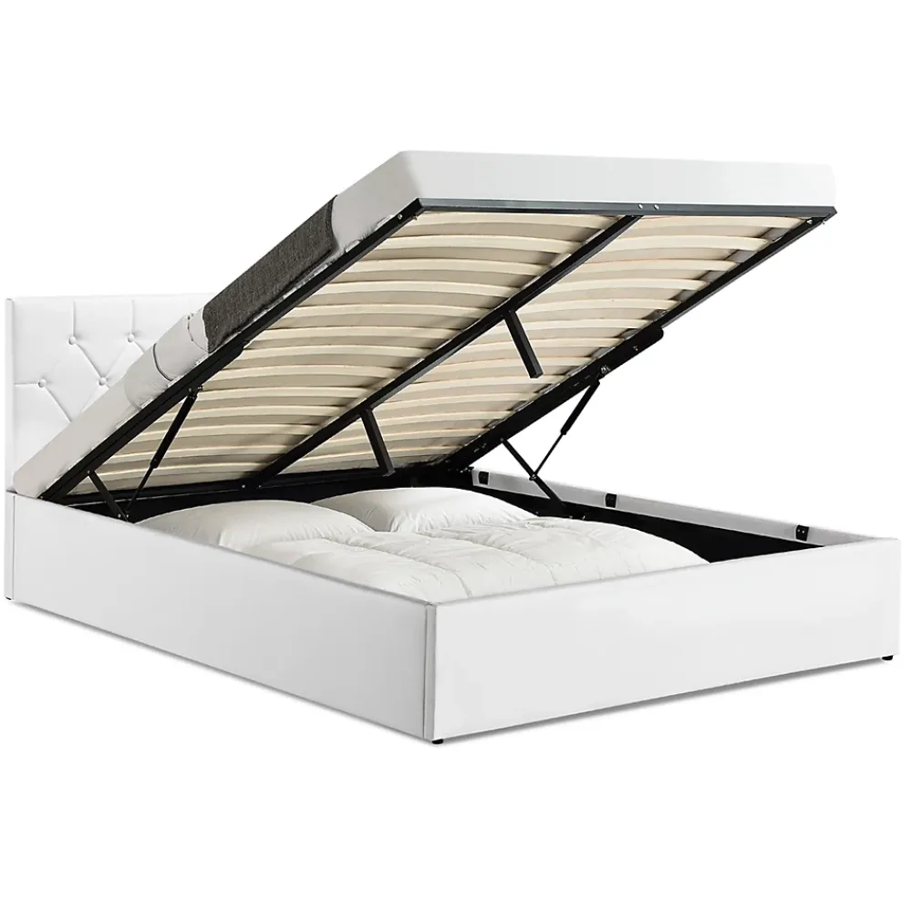 IDMarket Lit coffre double AUSTIN avec tête de lit et sommier 160 x 200 cm PVC blanc* Lit Coffre
