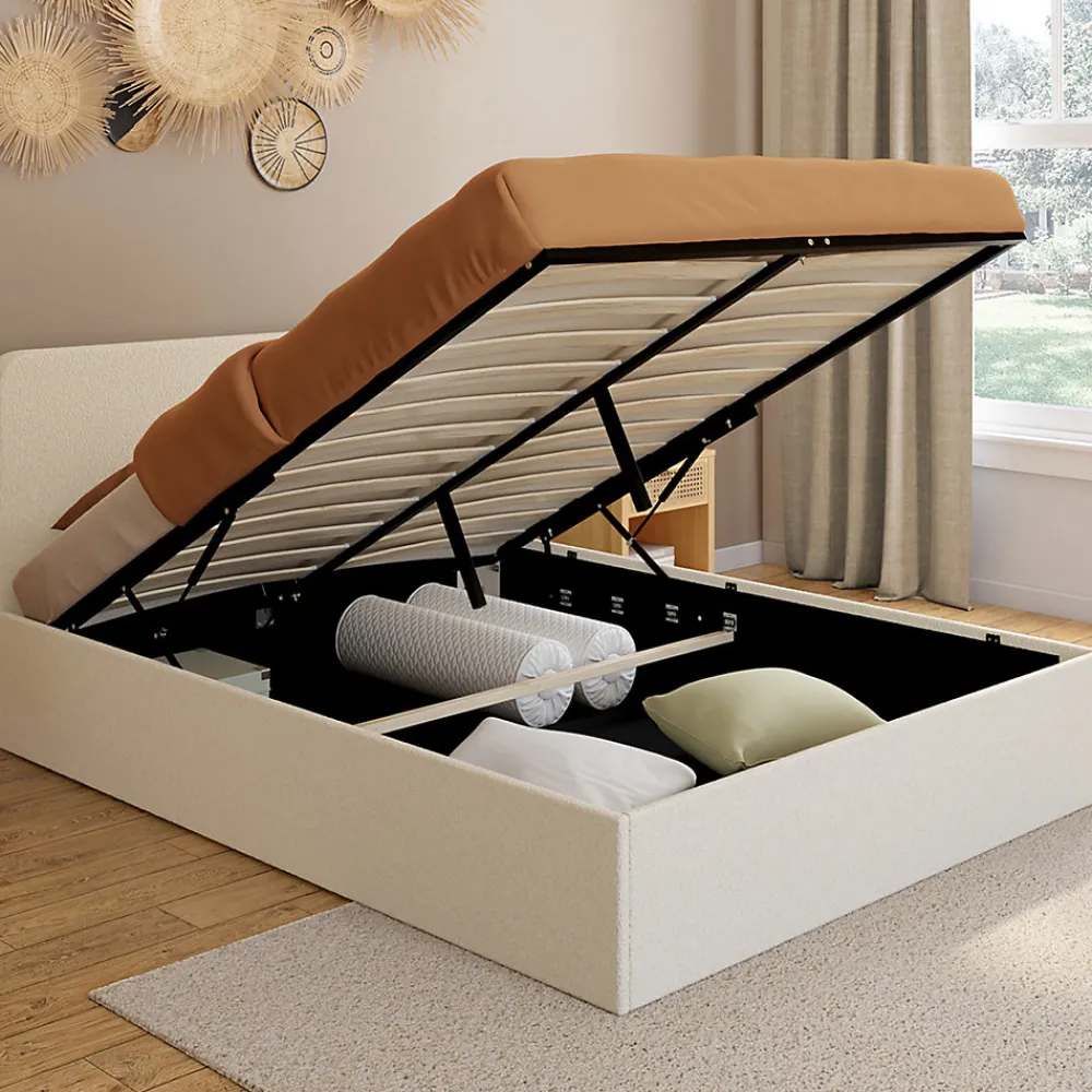 Lit coffre double BRADFORD avec tête de lit et sommier 140 x 190 cm tissu bouclette>IDMarket