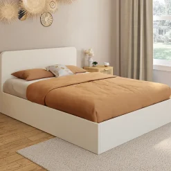 Lit coffre double BRADFORD avec tête de lit et sommier 140 x 190 cm tissu bouclette><noscript><img width=