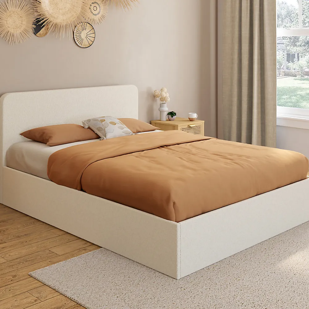 Lit coffre double BRADFORD avec tête de lit et sommier 140 x 190 cm tissu bouclette>IDMarket