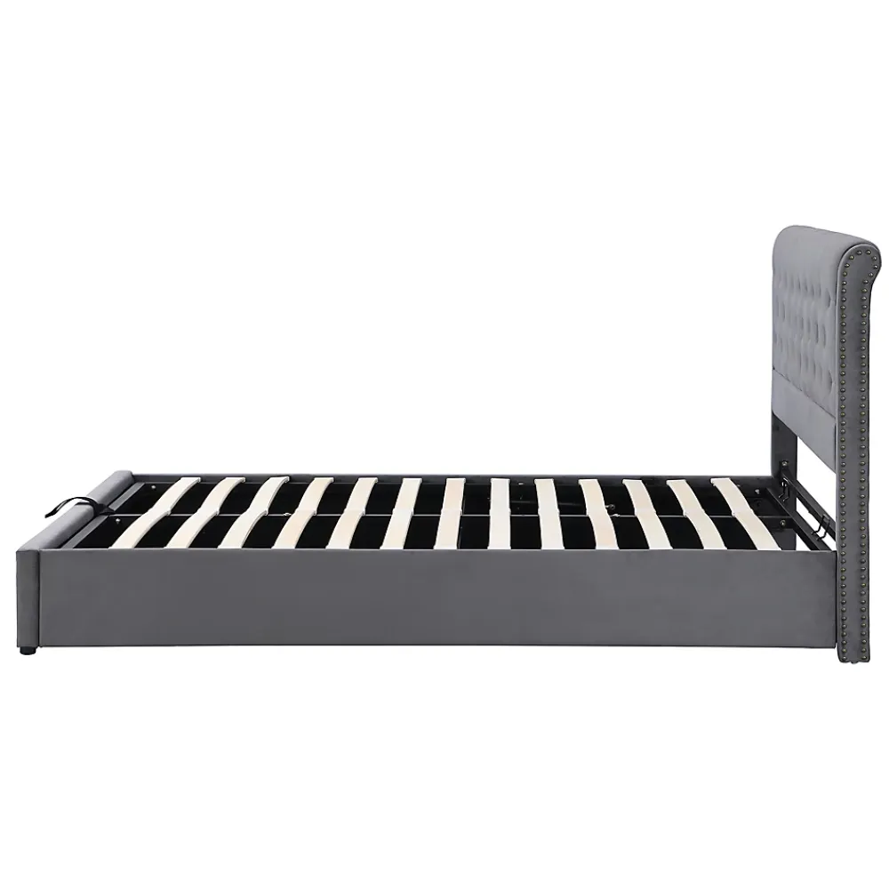 Okwish Lit Coffre Double Capitonné 180x200 cm, Vérin Hydraulique et Grand Espace de Rangement, Sommier Relevable - Gris, Sans Matelas* Lit Coffre