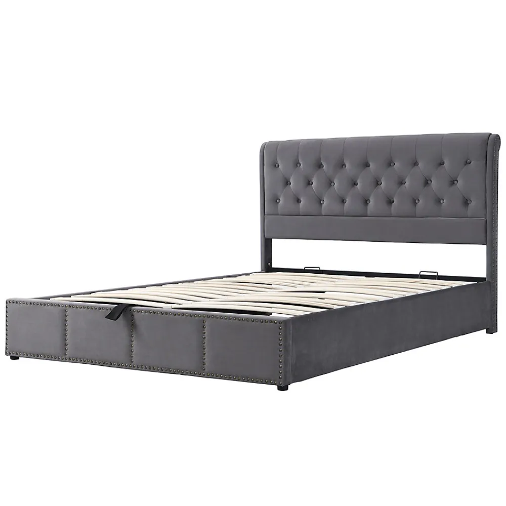 Okwish Lit Coffre Double Capitonné 180x200 cm, Vérin Hydraulique et Grand Espace de Rangement, Sommier Relevable - Gris, Sans Matelas* Lit Coffre