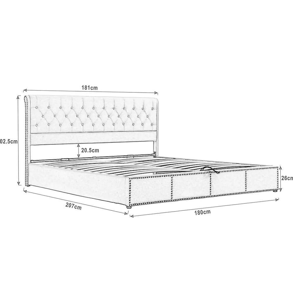 Okwish Lit Coffre Double Capitonné 180x200 cm, Vérin Hydraulique et Grand Espace de Rangement, Sommier Relevable - Gris, Sans Matelas* Lit Coffre