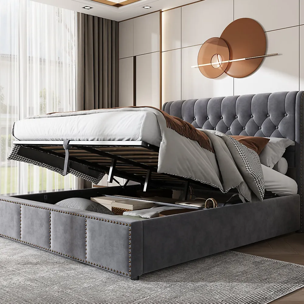 Okwish Lit Coffre Double Capitonné 180x200 cm, Vérin Hydraulique et Grand Espace de Rangement, Sommier Relevable - Gris, Sans Matelas* Lit Coffre