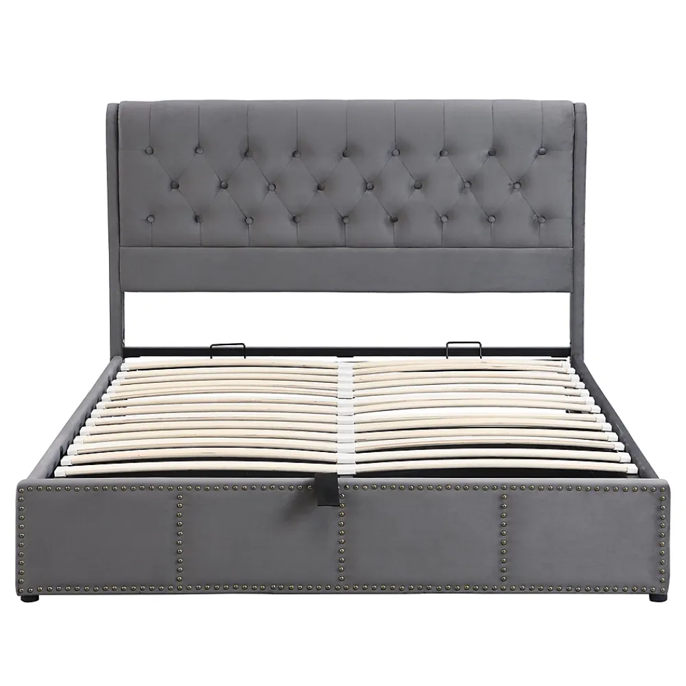 Okwish Lit Coffre Double Capitonné 180x200 cm, Vérin Hydraulique et Grand Espace de Rangement, Sommier Relevable - Gris, Sans Matelas* Lit Coffre