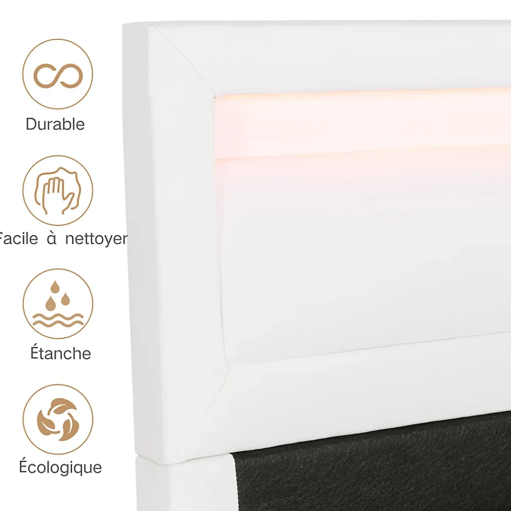 Okwish Lit Coffre Double Capitonnée 140x190 cm , avec LED, Éclairage Réglable, Rangement Sous Le Lit, PU et Bois Blanc, Sans Matelas* Lit Coffre