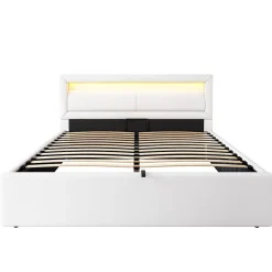 Okwish Lit Coffre Double Capitonnée 140x190 cm , avec LED, Éclairage Réglable, Rangement Sous Le Lit, PU et Bois Blanc, Sans Matelas* Lit Coffre