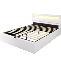 Okwish Lit Coffre Double Capitonnée 140x190 cm , avec LED, Éclairage Réglable, Rangement Sous Le Lit, PU et Bois Blanc, Sans Matelas* Lit Coffre