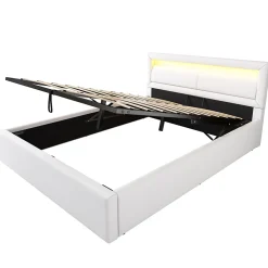 Okwish Lit Coffre Double Capitonnée 140x190 cm , avec LED, Éclairage Réglable, Rangement Sous Le Lit, PU et Bois Blanc, Sans Matelas* Lit Coffre