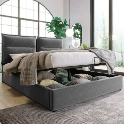 Lit Coffre Double Capitonné 140x200 cm - avec Coffre Hydraulique et Tête de Lit Ajustable, Velours Gris, Matelas Inclus>Okwish Online