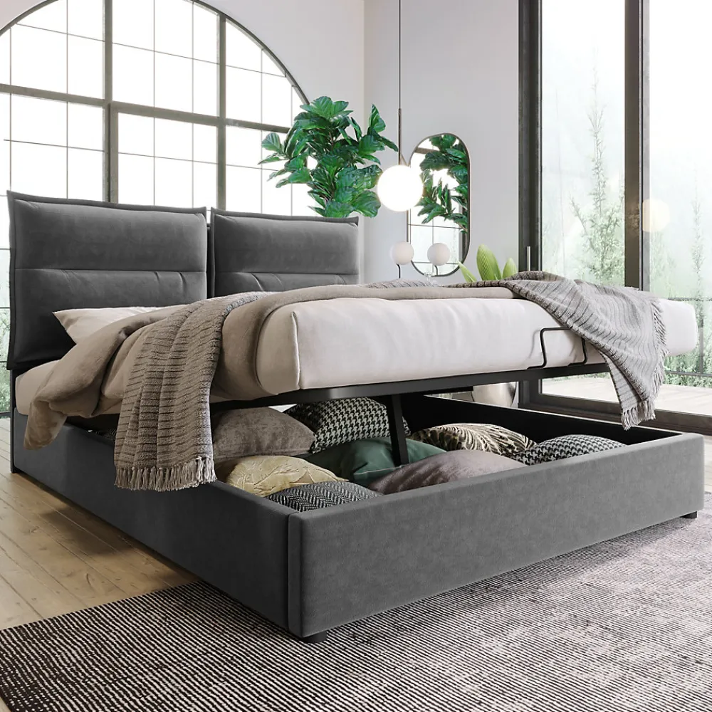 Lit Coffre Double Capitonné 140x200 cm - avec Coffre Hydraulique et Tête de Lit Ajustable, Velours Gris, Matelas Inclus>Okwish Online