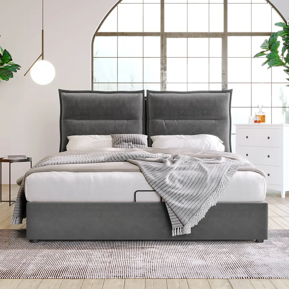 Lit Coffre Double Capitonné 140x200 cm - avec Coffre Hydraulique et Tête de Lit Ajustable, Velours Gris, Matelas Inclus>Okwish Online