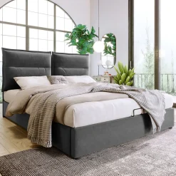 Lit Coffre Double Capitonné 140x200 cm - avec Coffre Hydraulique et Tête de Lit Ajustable, Velours Gris, Matelas Inclus><noscript><img width=